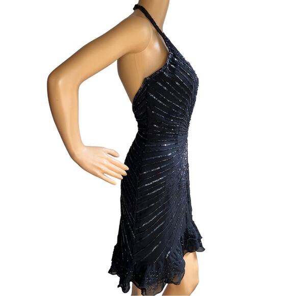 Vintage 90s Y2K Black Silk Beaded Halter Mini Cocktail Dress - Picture 3 of 10